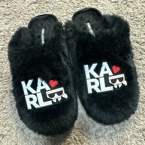 Karl Lagerfeld Black Furry Logo Slippers
